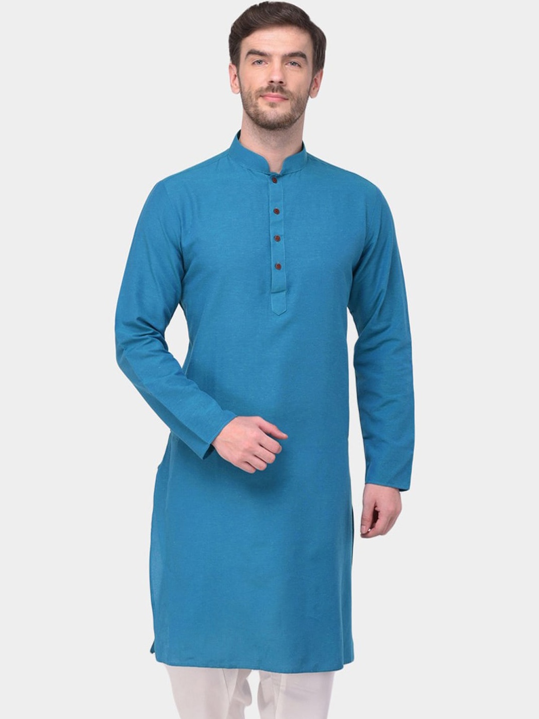 

SG LEMAN Mandarin Collar Pure Cotton Straight Kurta, Turquoise blue