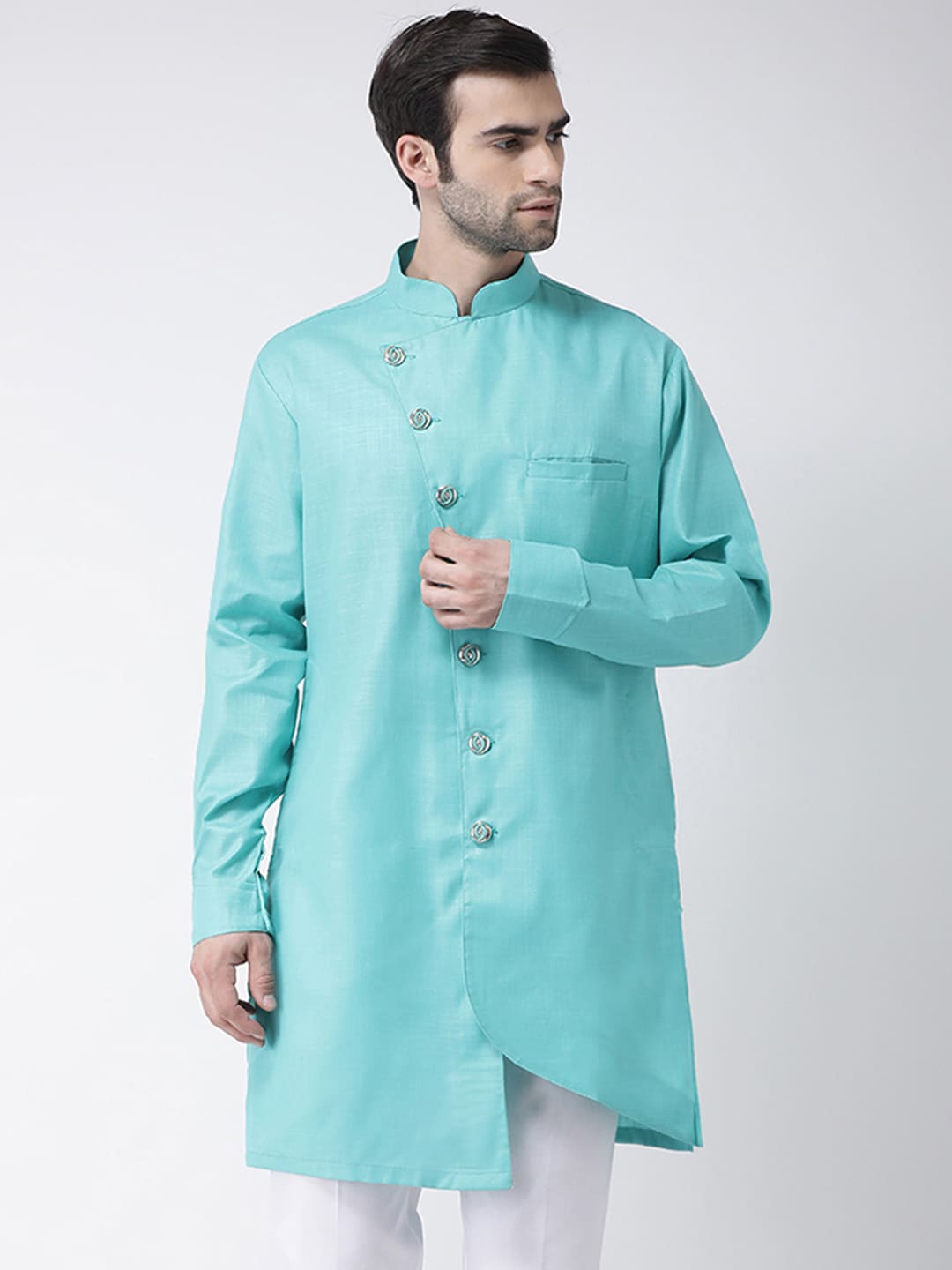 

SG LEMAN Mandarin Collar Asymmetric Hem Kurta, Green