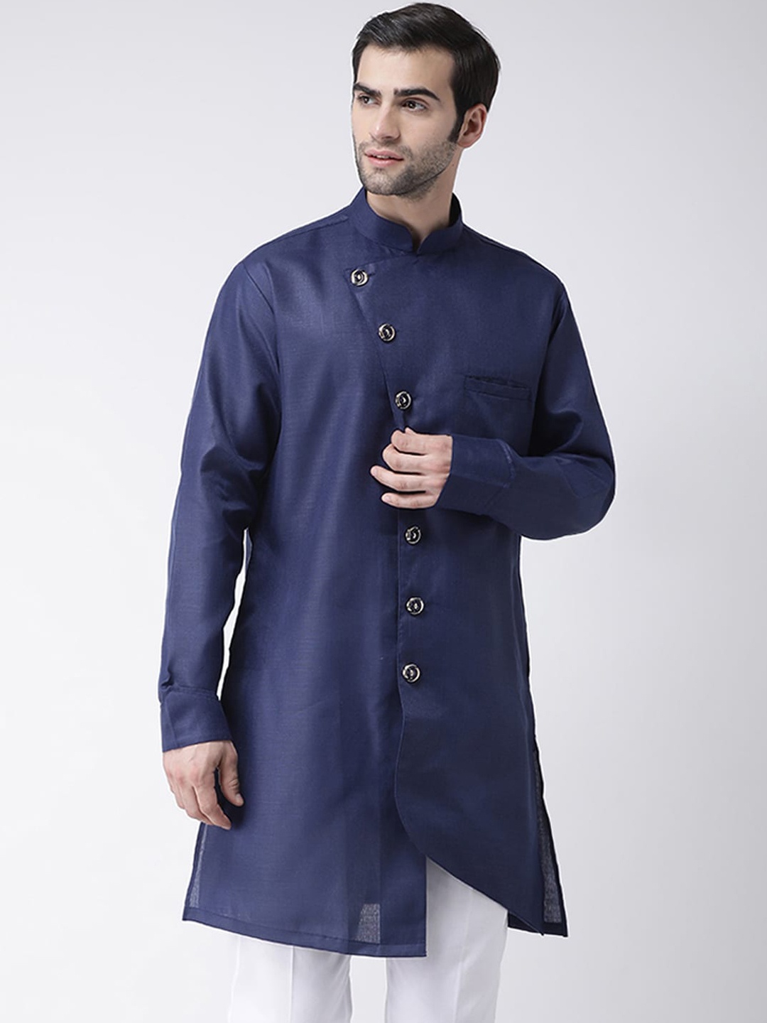 

SG LEMAN Mandarin Collar Pure Cotton Straight Kurta, Navy blue