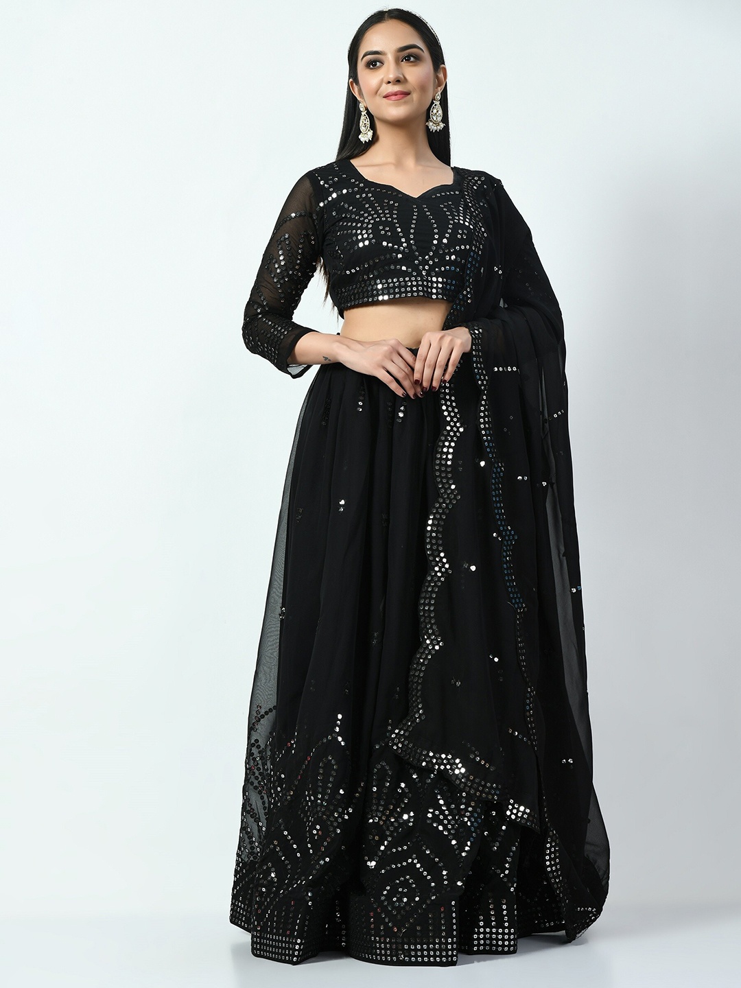 

Angroop Embellished Sequinned Semi-Stitched Lehenga & Unstitched Blouse With Dupatta, Black