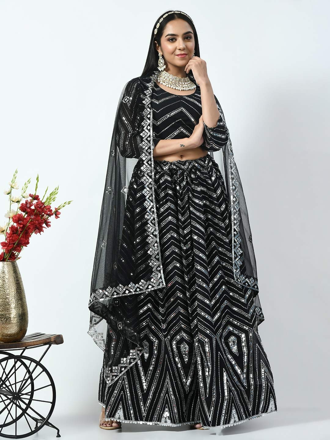 

Angroop Embellished Sequinned Semi-Stitched Lehenga & Unstitched Blouse With Dupatta, Black