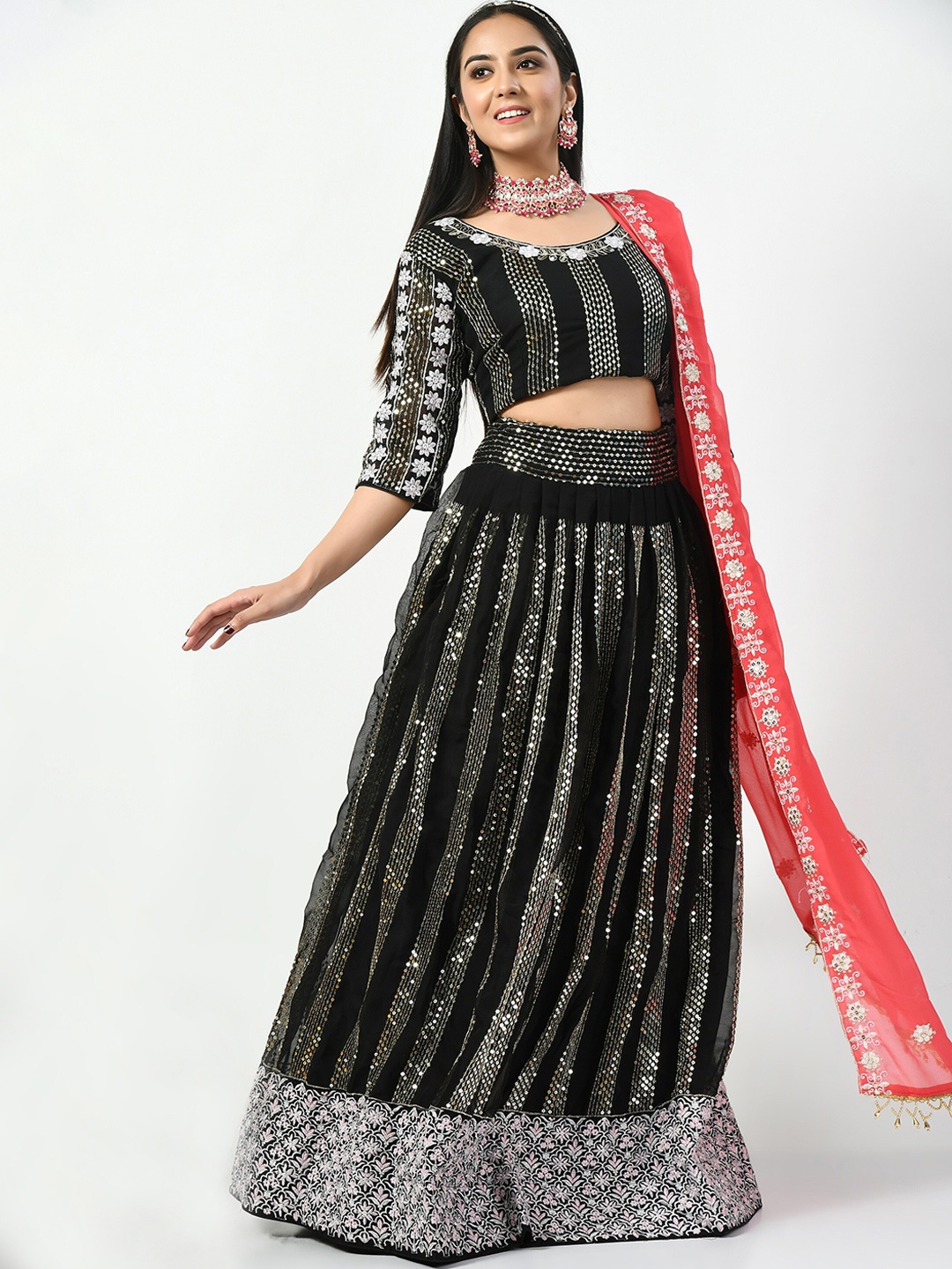 

Angroop Embroidered Sequinned Semi-Stitched Lehenga & Unstitched Blouse With Dupatta, Black