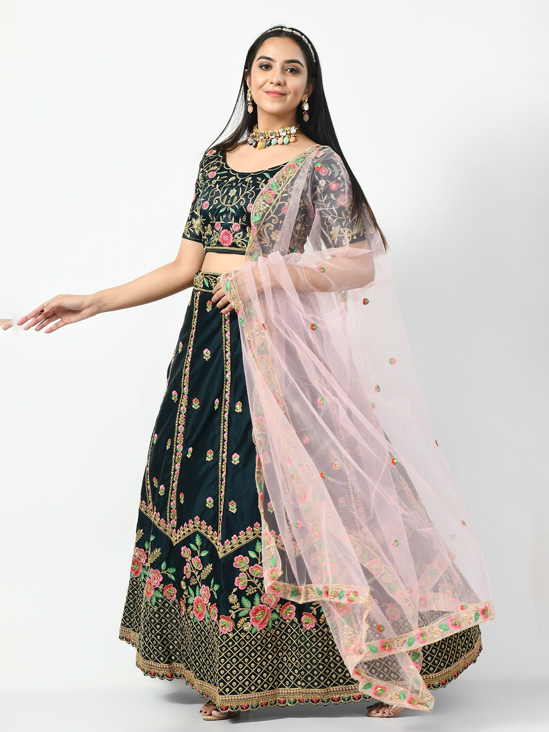 

Angroop Embroidered Sequinned Semi-Stitched Lehenga & Unstitched Blouse With Dupatta, Teal