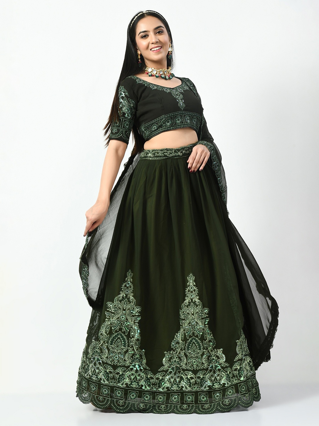 

Angroop Embellished Sequinned Semi-Stitched Lehenga & Unstitched Blouse With Dupatta, Olive