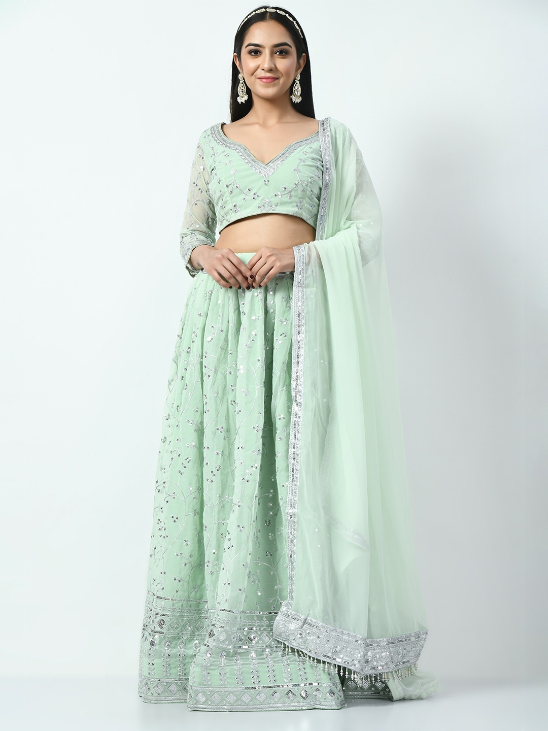 

Angroop Embroidered Sequinned Semi-Stitched Lehenga & Unstitched Blouse With Dupatta, Sea green