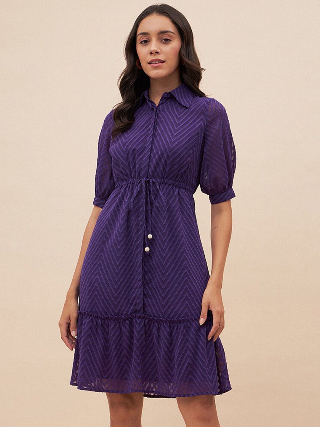 

Femella Chevron Self Design Shirt collar Tie-ups Flounce Hem Fit & Flare Dress, Purple