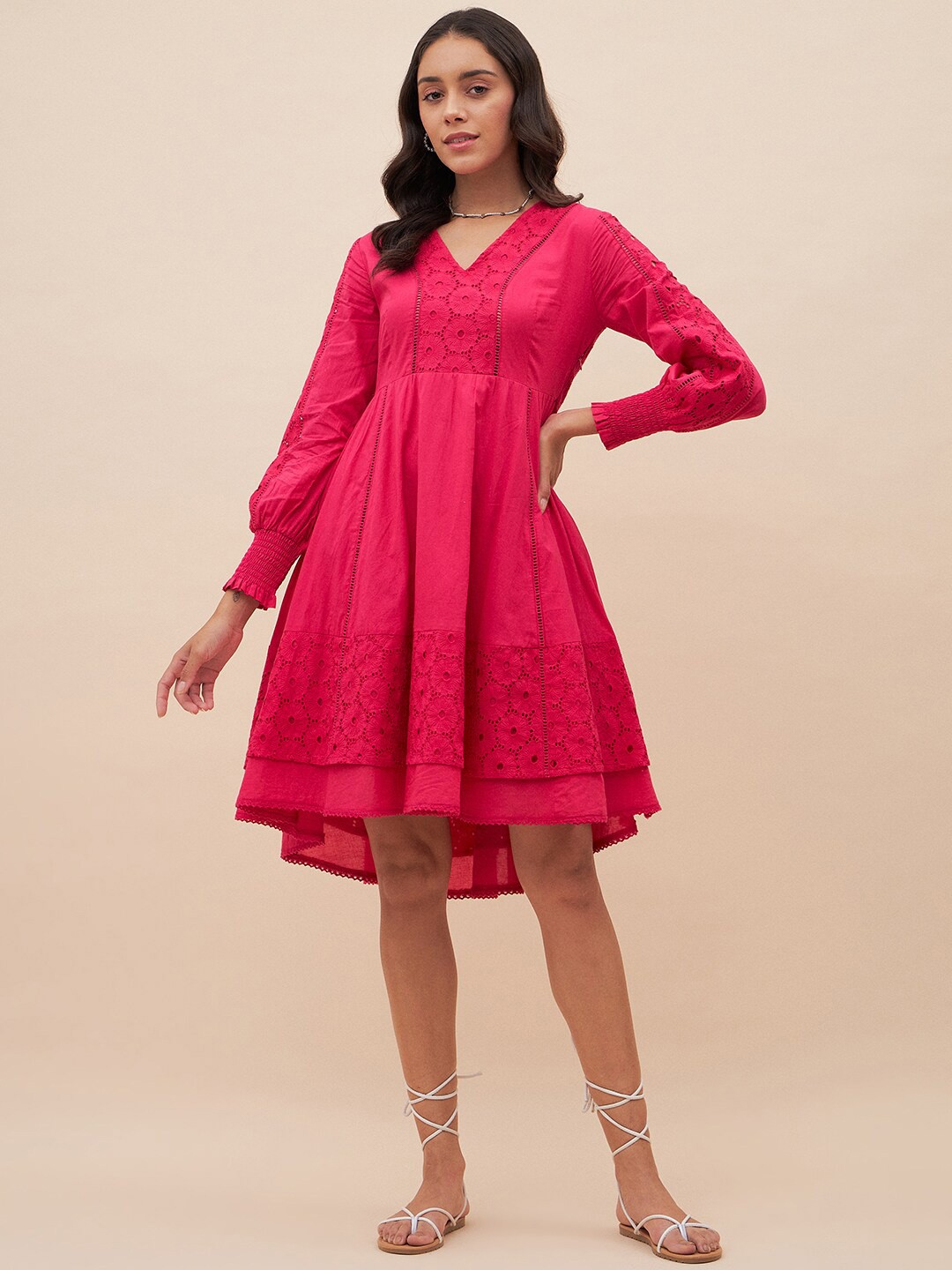 

Femella Self Design V-Neck Cuffed Sleeve Layered Pure Cotton Fit & Flare Dress, Pink