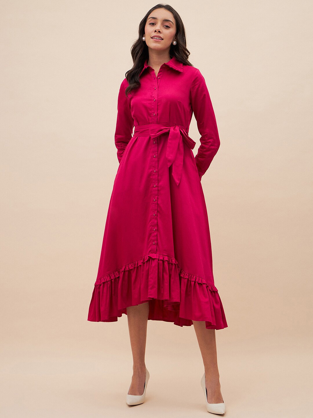 

FEMMELLA Shirt Collar Cuffed Sleeve Belted Pure Cotton Shirt Midi Dress, Pink