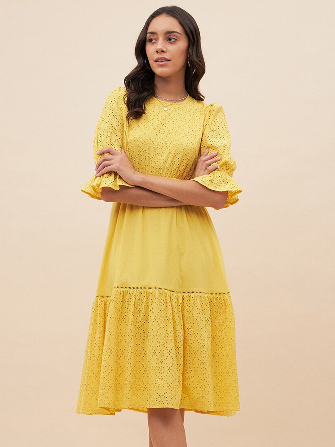 

Femella Self Design Bell Sleeve Gathered Tiered Pure Cotton A-Line Dress, Yellow