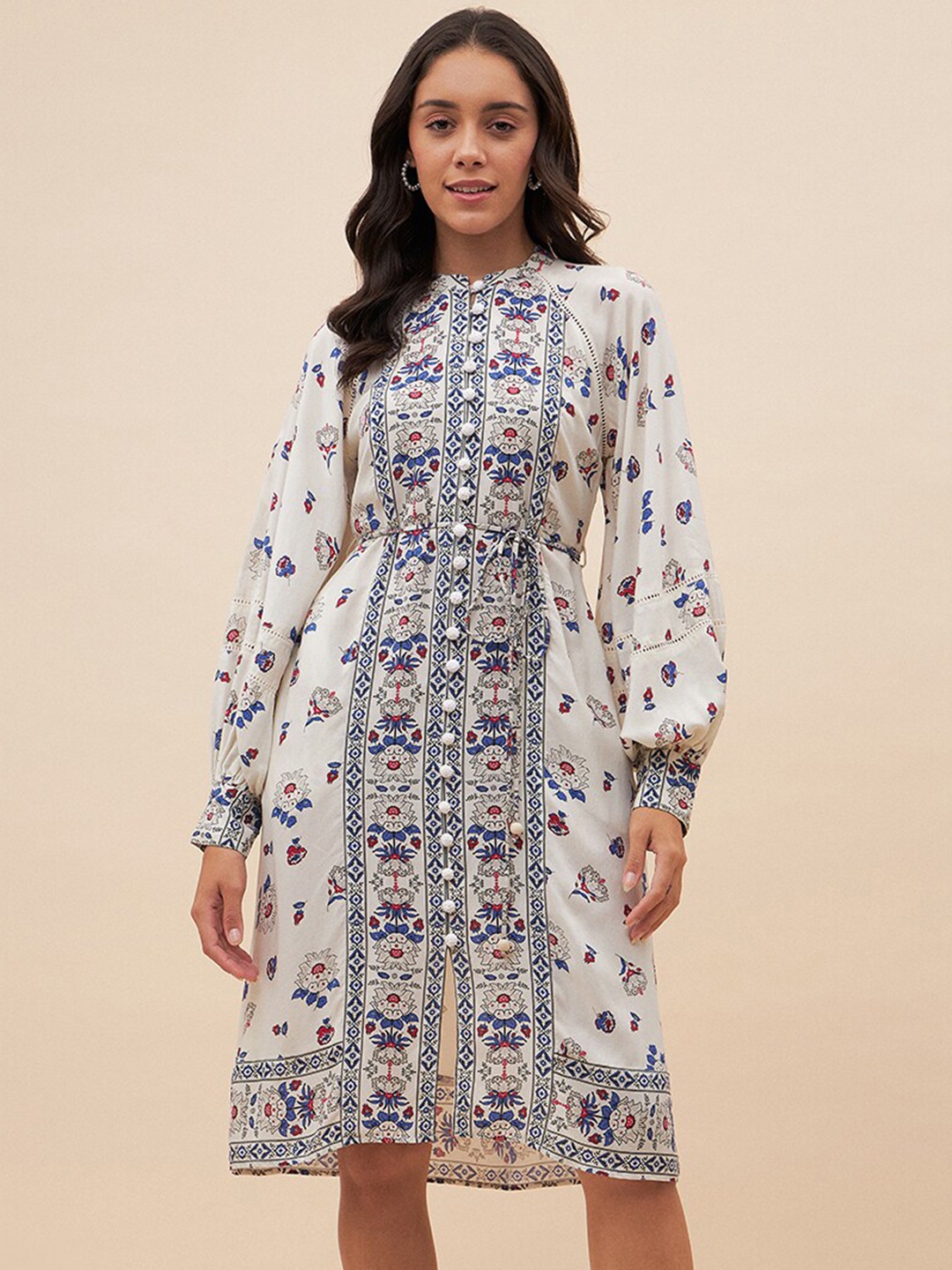 

Femella Floral Printed Puff Sleeves A-Line Belted Midi Dress, Off white