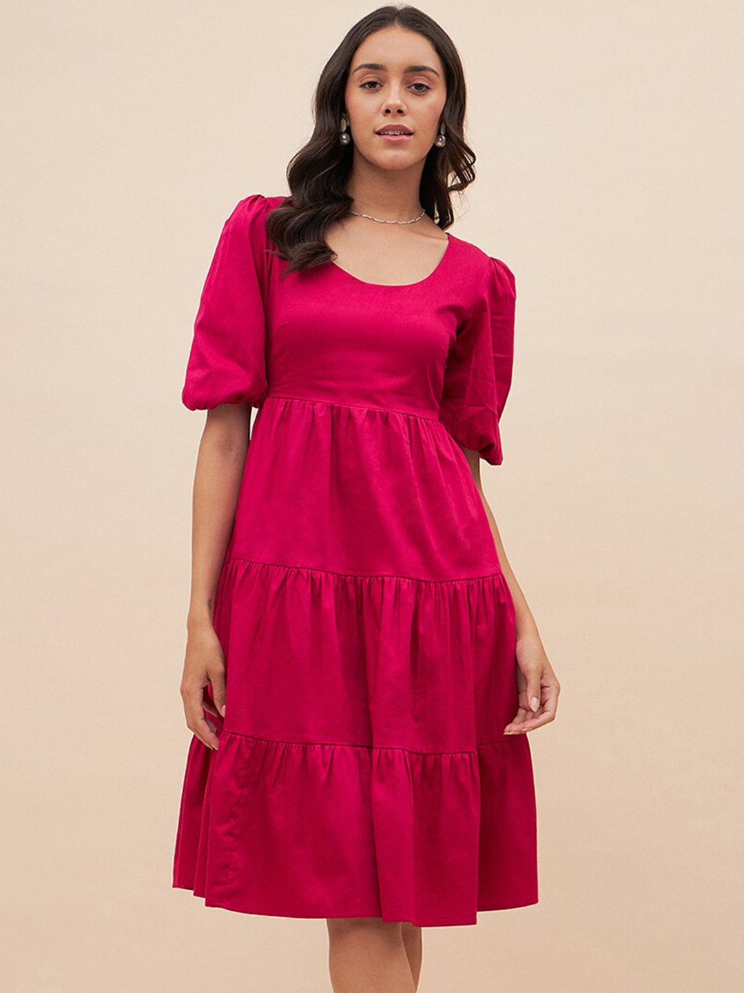 

Femella Puff Sleeve Tiered Fit & Flare Dress, Pink