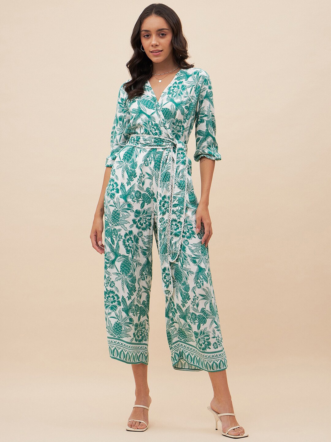 

Femella Printed V-Neck Waist Tie-Ups Basic Jumpsuit, Green