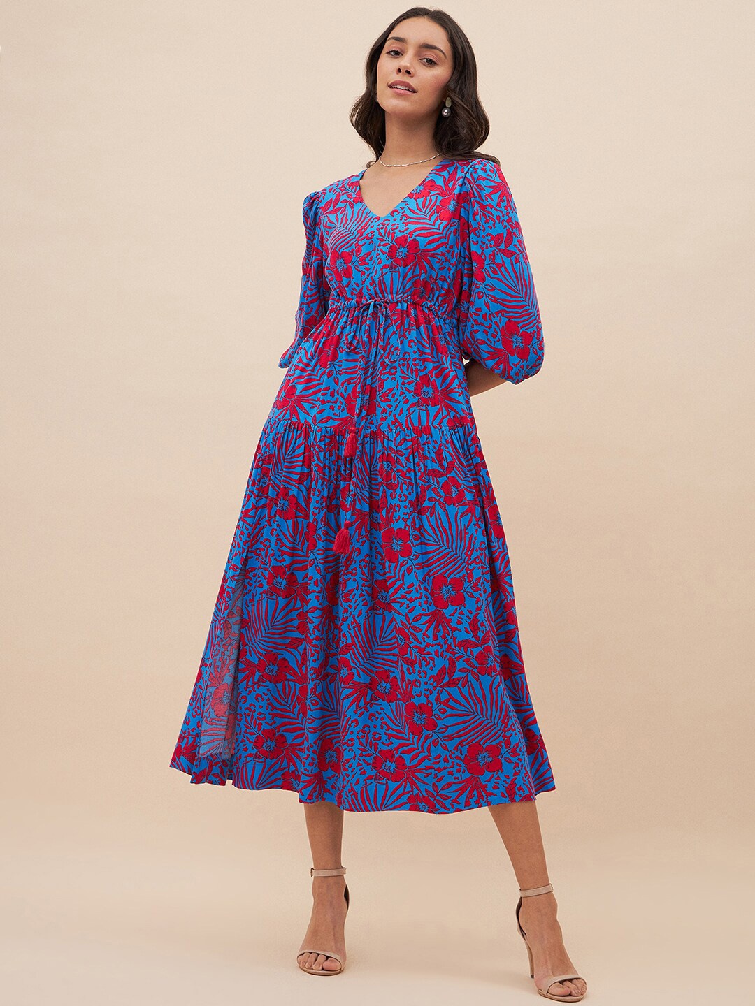 

Femella Floral Printed V-Neck Fit & Flare Midi Dress, Blue