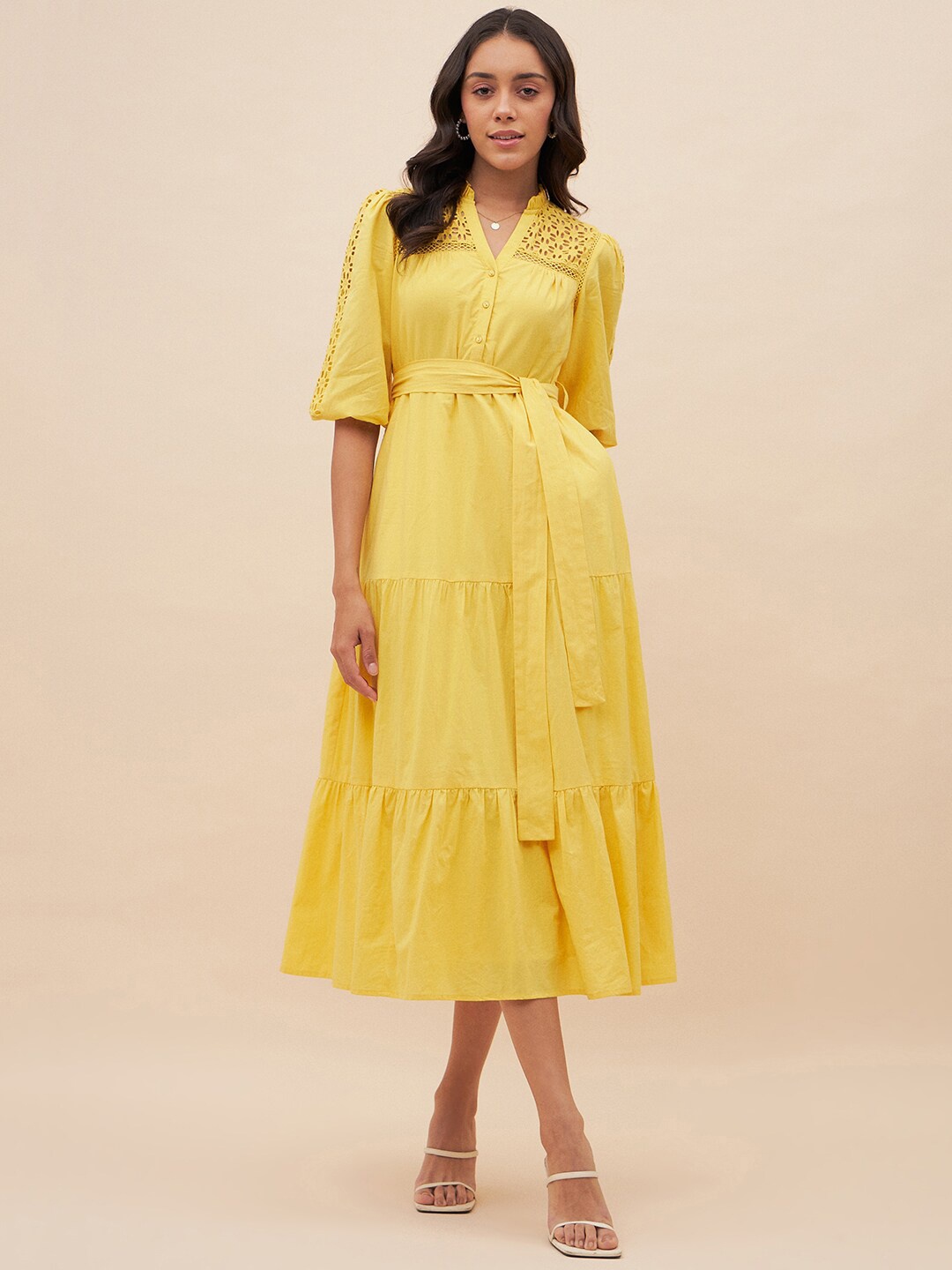 

Femella Cotton Schiffli Tiered Midi Empire Dress, Yellow