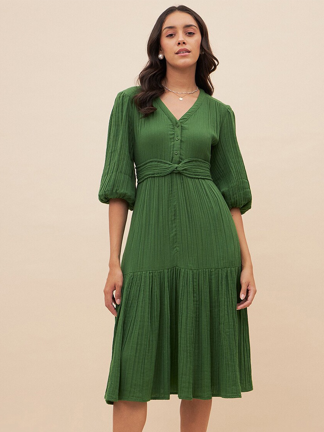 

FEMMELLA V-Neck Puff Sleeve Fit & Flare Dress, Green