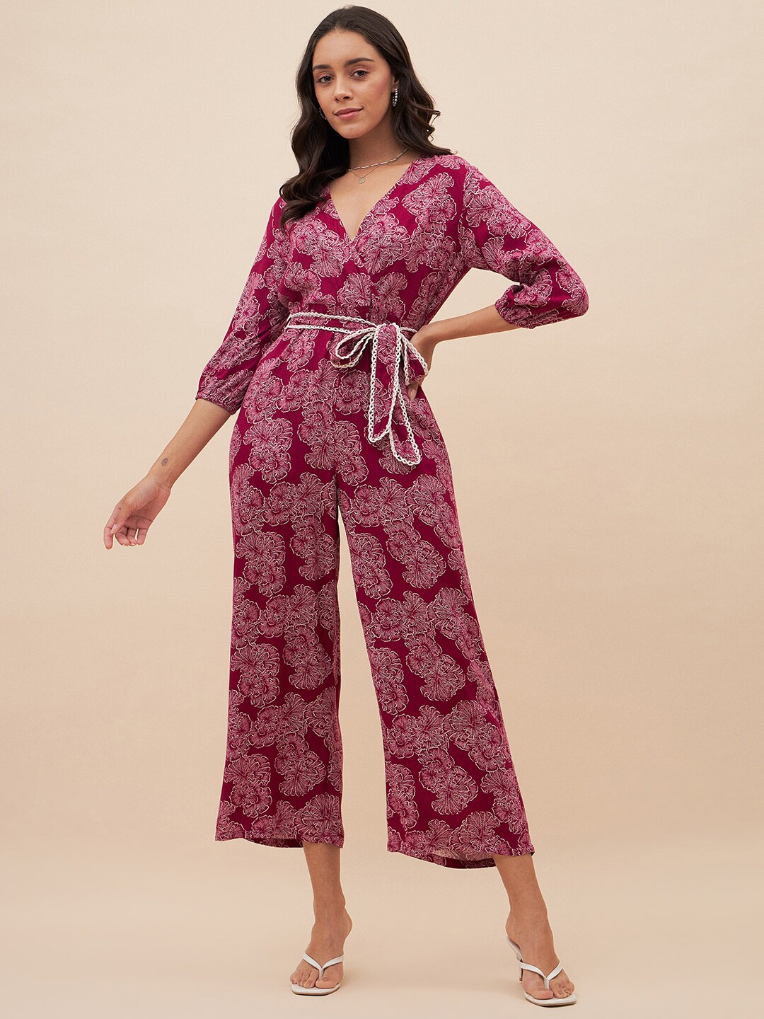 

Femella Printed V-Neck Waist Tie-Ups Basic Jumpsuit, Maroon