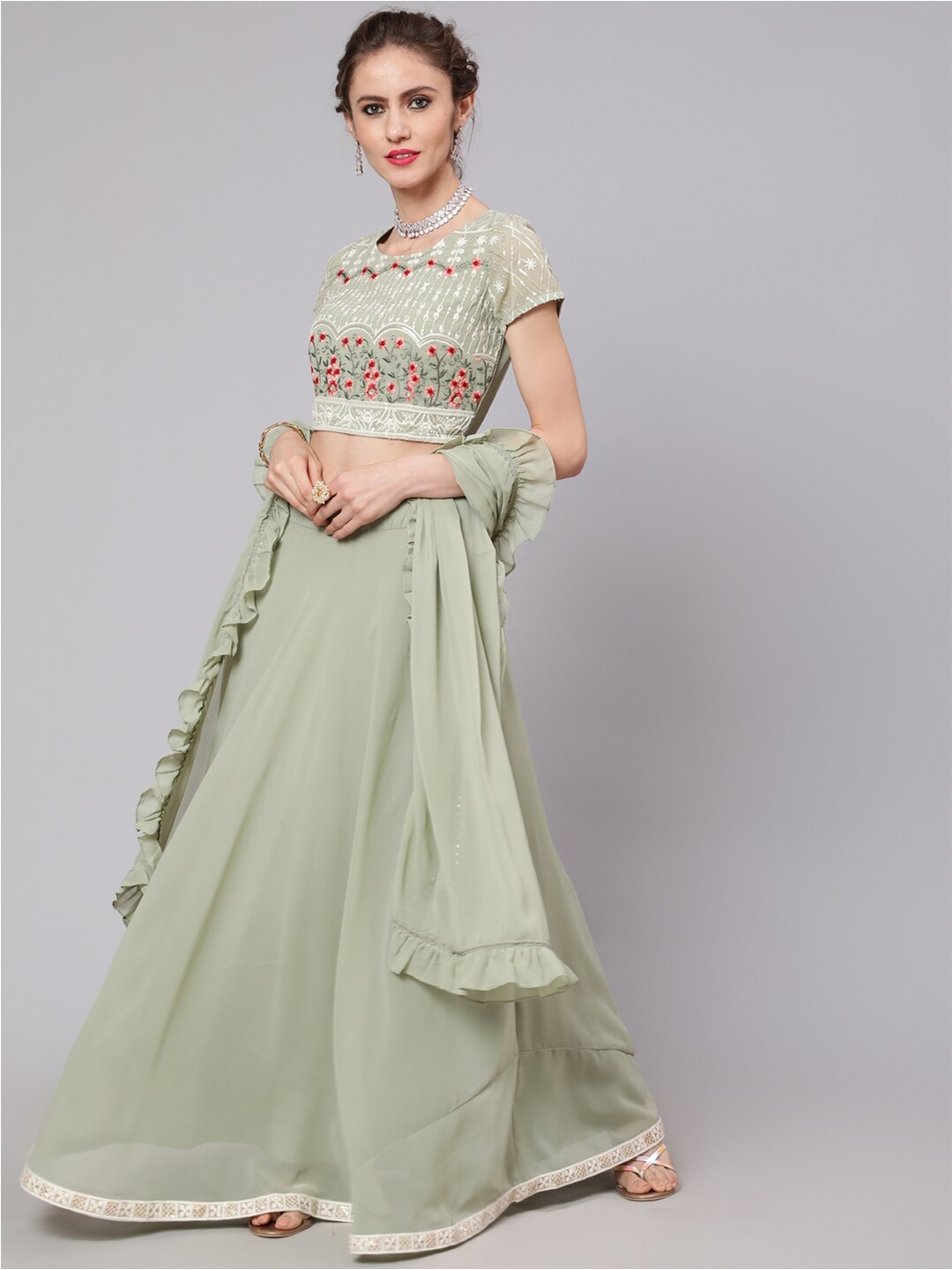 

AKS Couture Embroidered Ready to Wear Lehenga & Blouse With Dupatta, Green