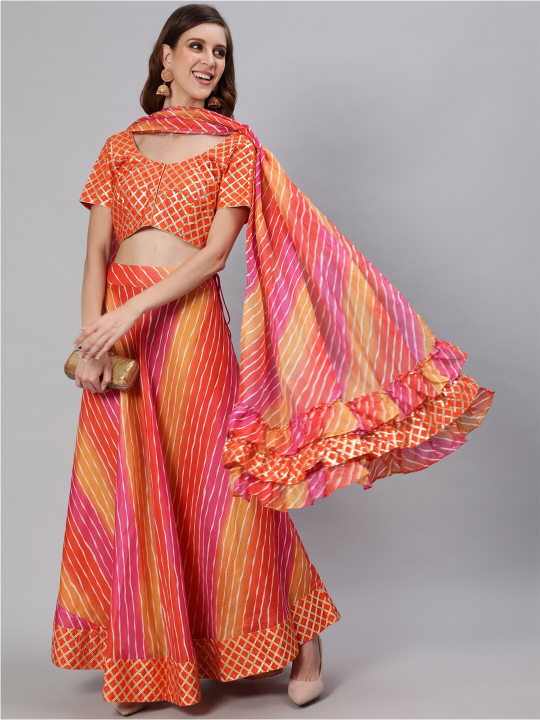 

AKS Couture Leheriya Printed Ready to Wear Lehenga & Blouse With Dupatta, Orange