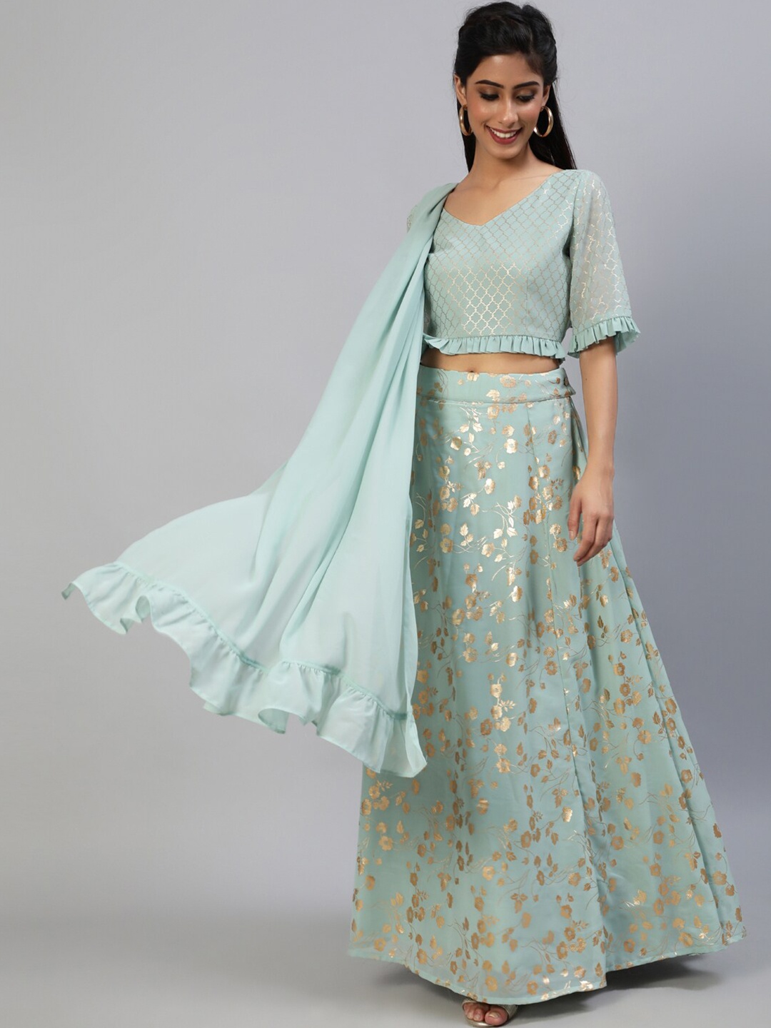 

AKS Couture Printed Ready to Wear Lehenga & Blouse With Dupatta, Sea green