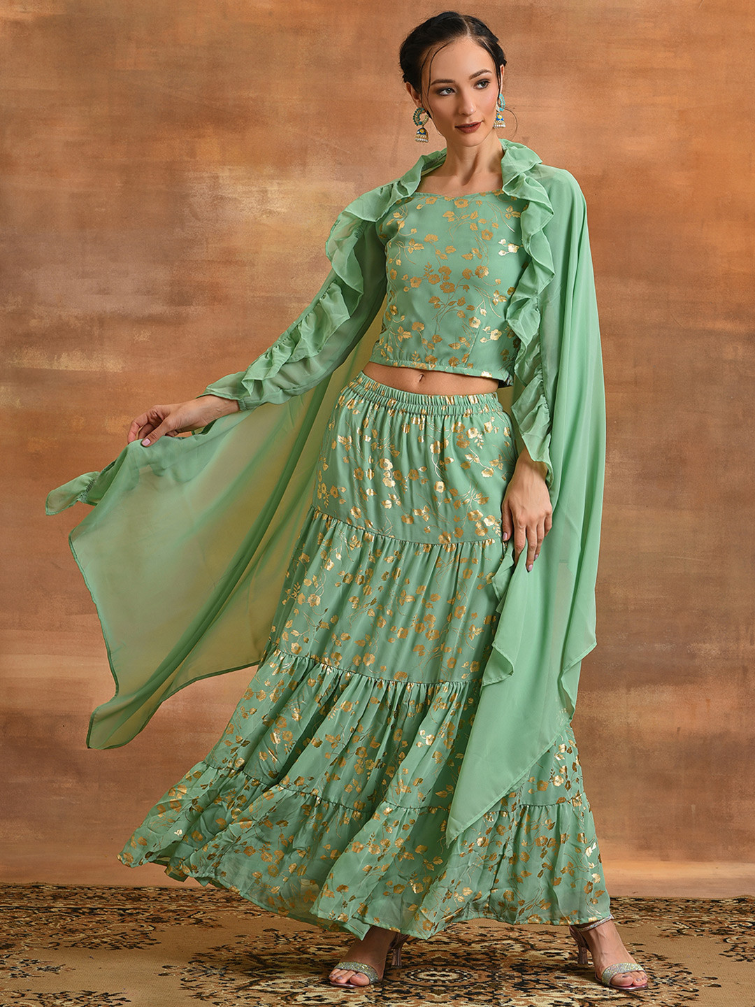 

AKS Couture Floral Printed Ready to Wear Lehenga & Blouse With Dupatta, Sea green