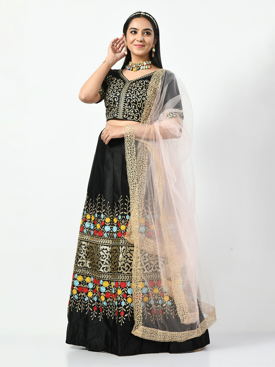 

Angroop Embroidered Thread Work Semi-Stitched Lehenga & Unstitched Blouse With Dupatta, Black