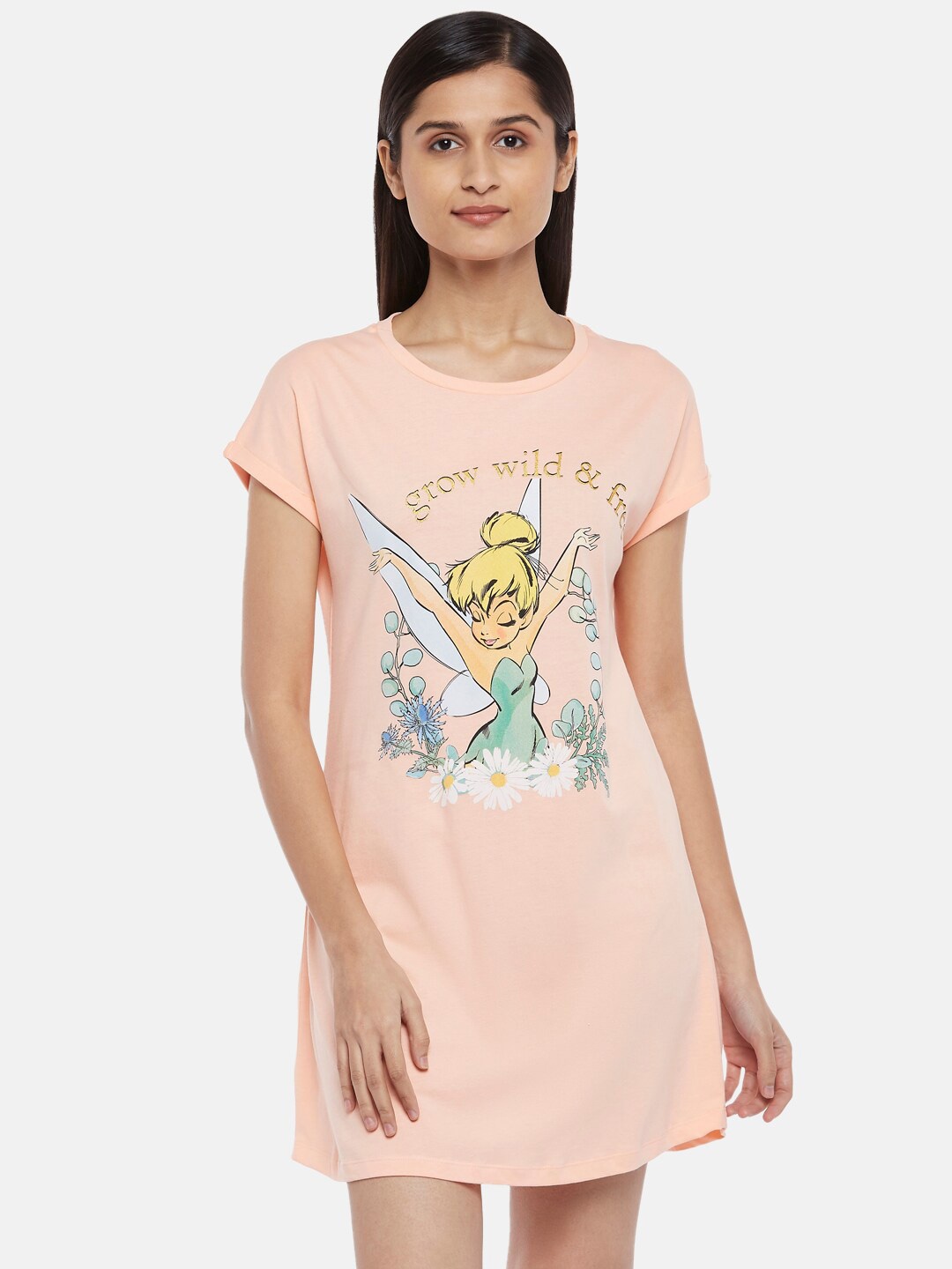 

Dreamz by Pantaloons Fairy Princess Printed Pure Cotton T-Shirt Nightdress, Peach