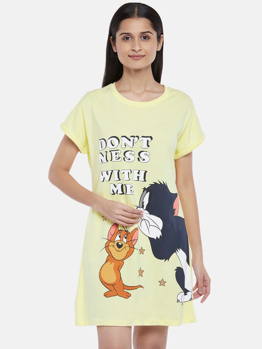 

Dreamz by Pantaloons Tom & Jerry Printed Pure Cotton T-Shirt Nightdress, Yellow