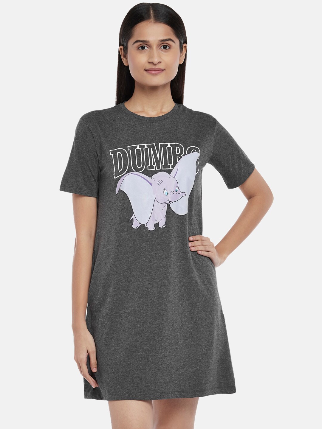 

Dreamz by Pantaloons Dumbo Printed Pure Cotton T-Shirt Nightdress, Grey melange