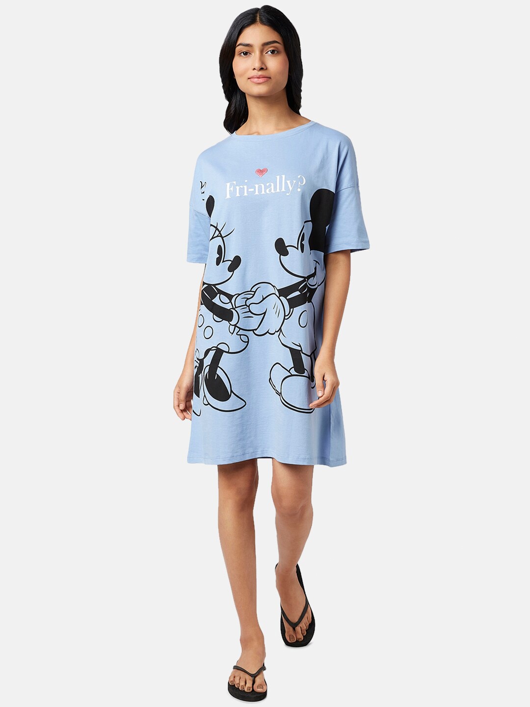 

Dreamz by Pantaloons Minnie & Mickey Mouse Printed Pure Cotton T-Shirt Nightdress, Blue