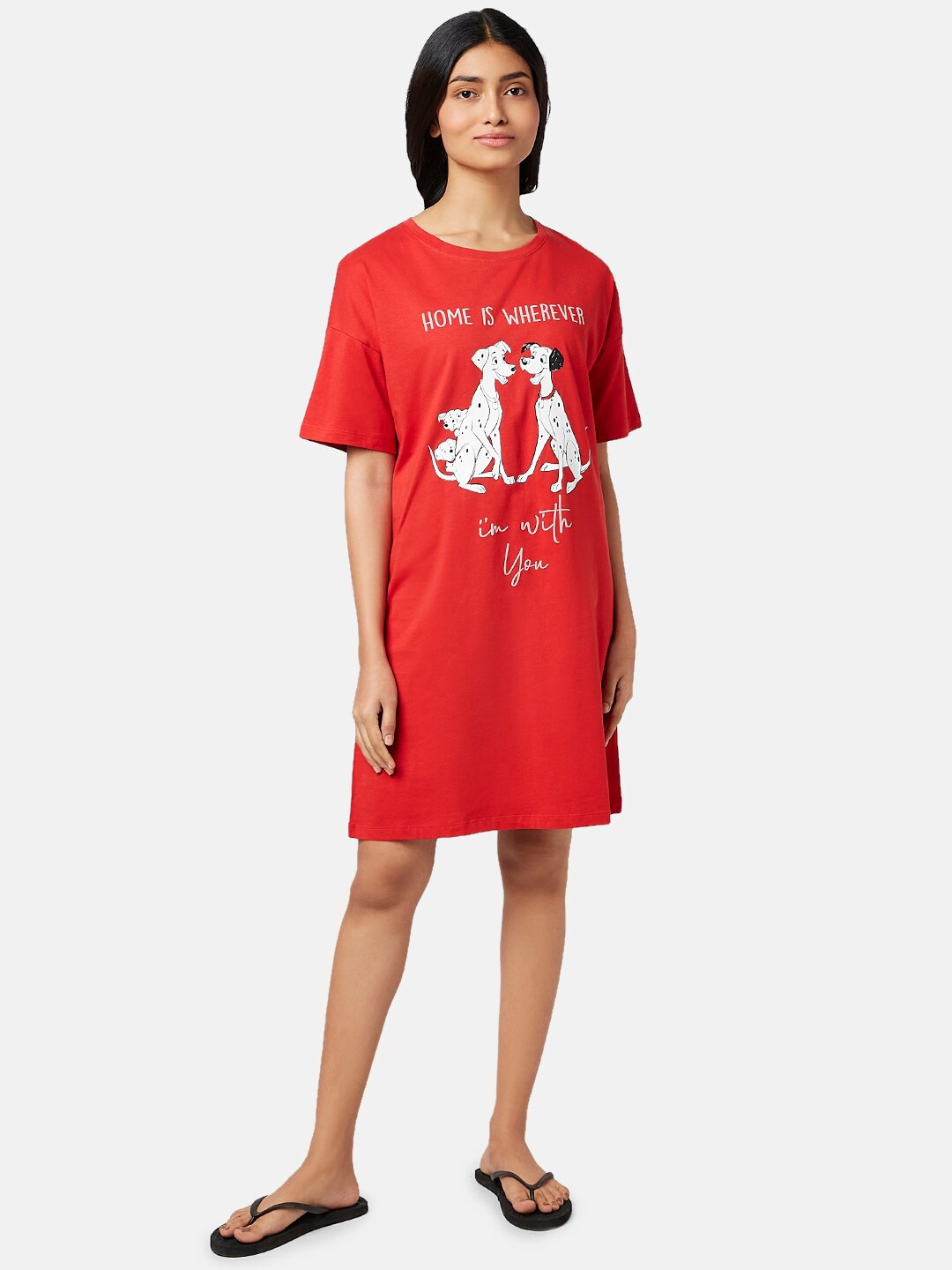

Dreamz by Pantaloons Graphic Printed Pure Cotton T-Shirt Nightdress, Red