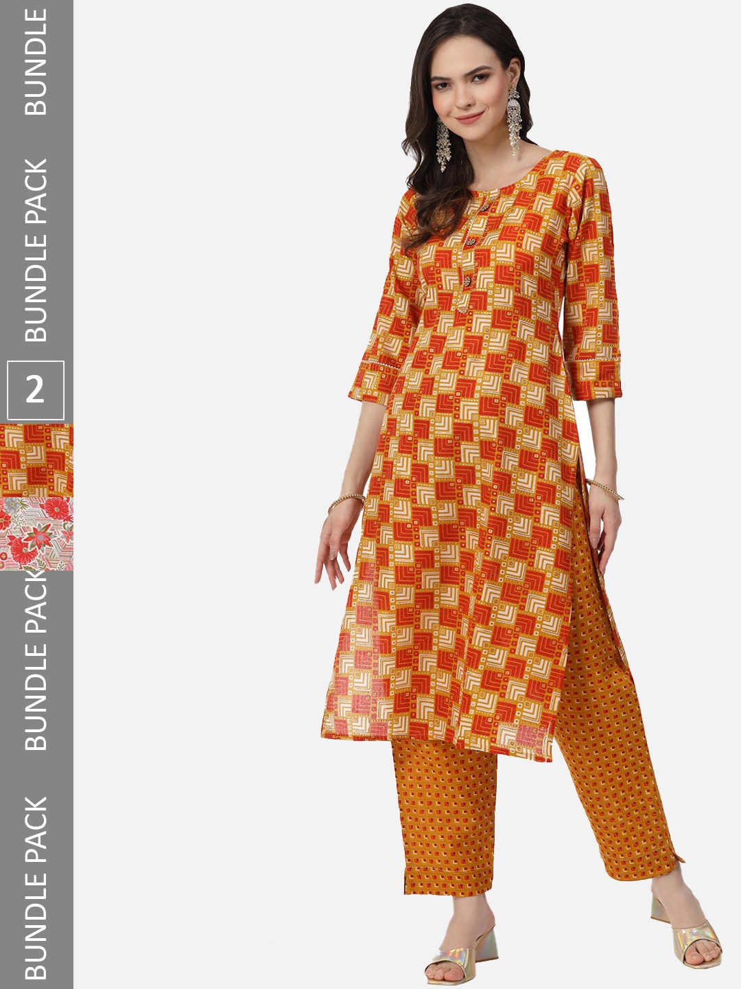 

KALINI Pack Of 2 Floral Printed Pure Cotton Straight Kurta With Trousers, Red