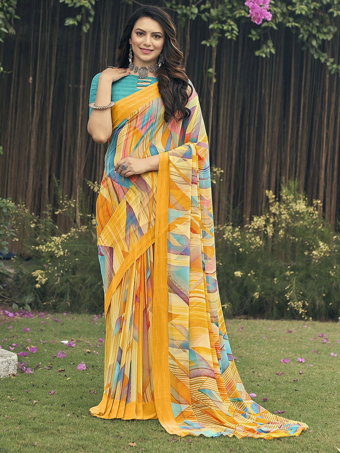 

elora Geometric Printed Saree, Yellow