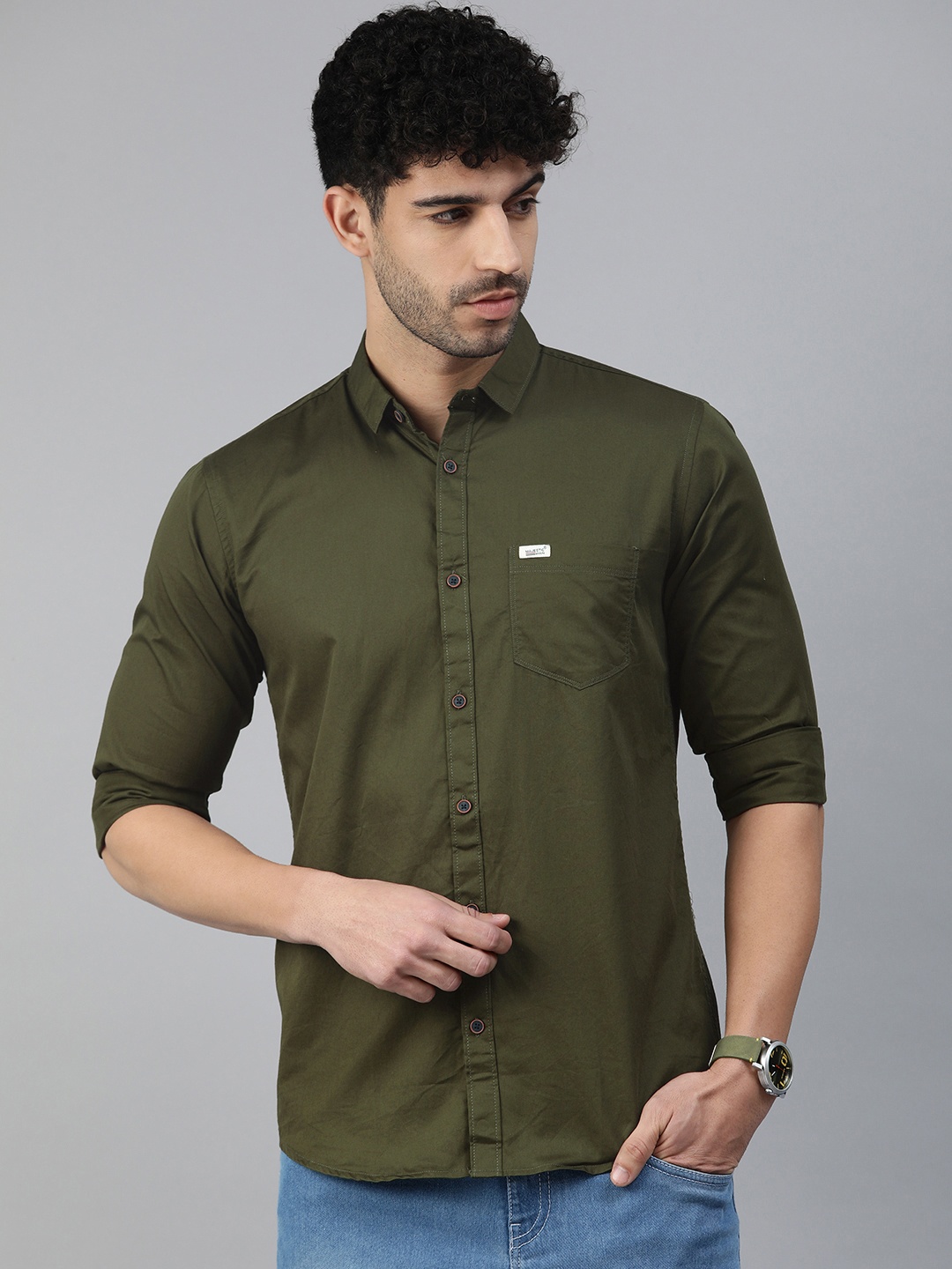 

Majestic Man Men Classic Slim Fit Pure Cotton Casual Shirt, Olive