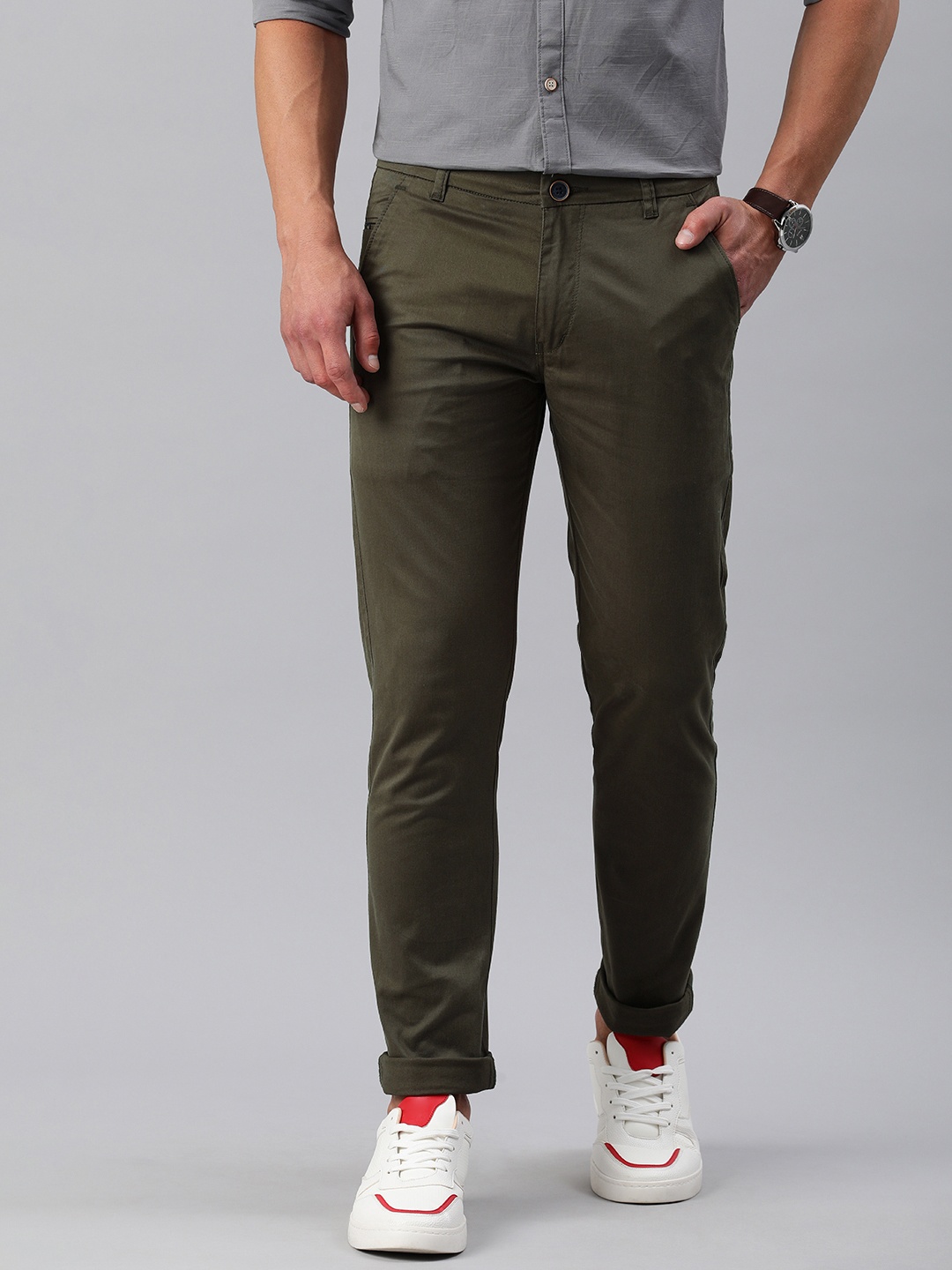 

Majestic Man Men Relaxed Solid Slim Fit Chinos Trousers, Olive