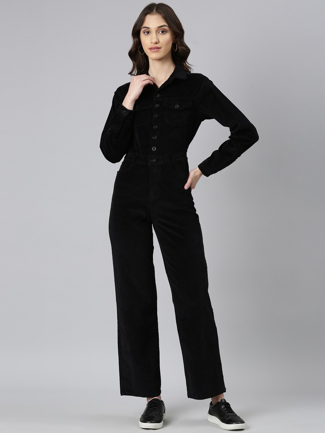 

SHOWOFF Shirt Collar Cotton Basic Jumpsuit, Black