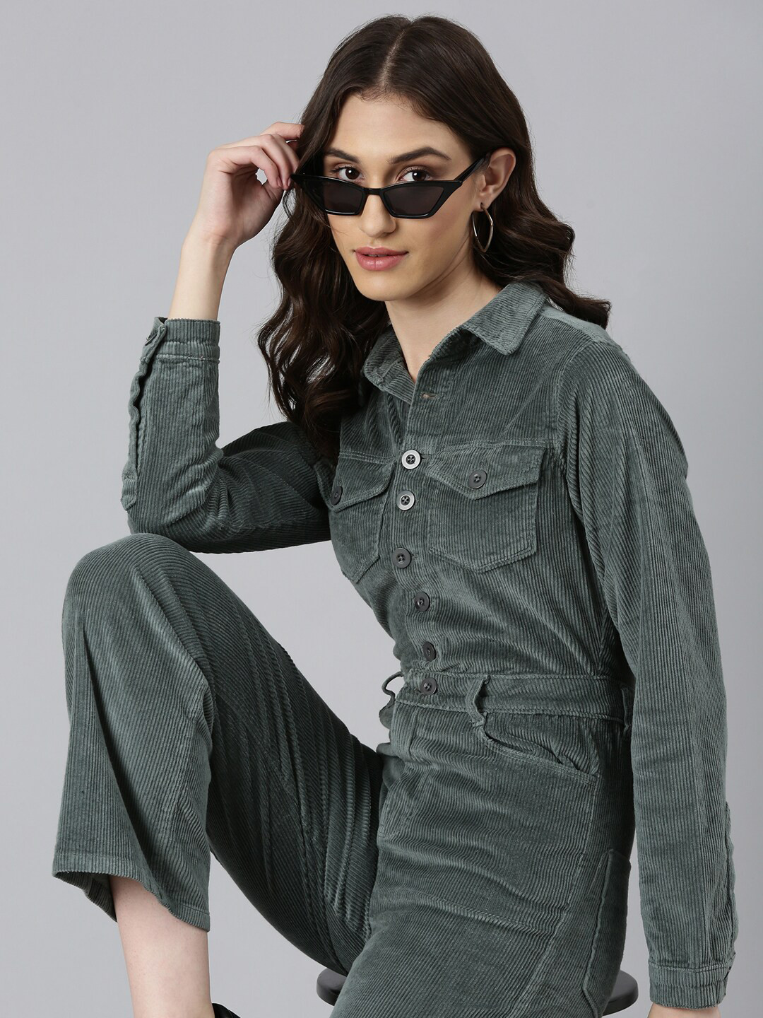 

SHOWOFF Shirt Collar Cotton Basic Jumpsuit, Green