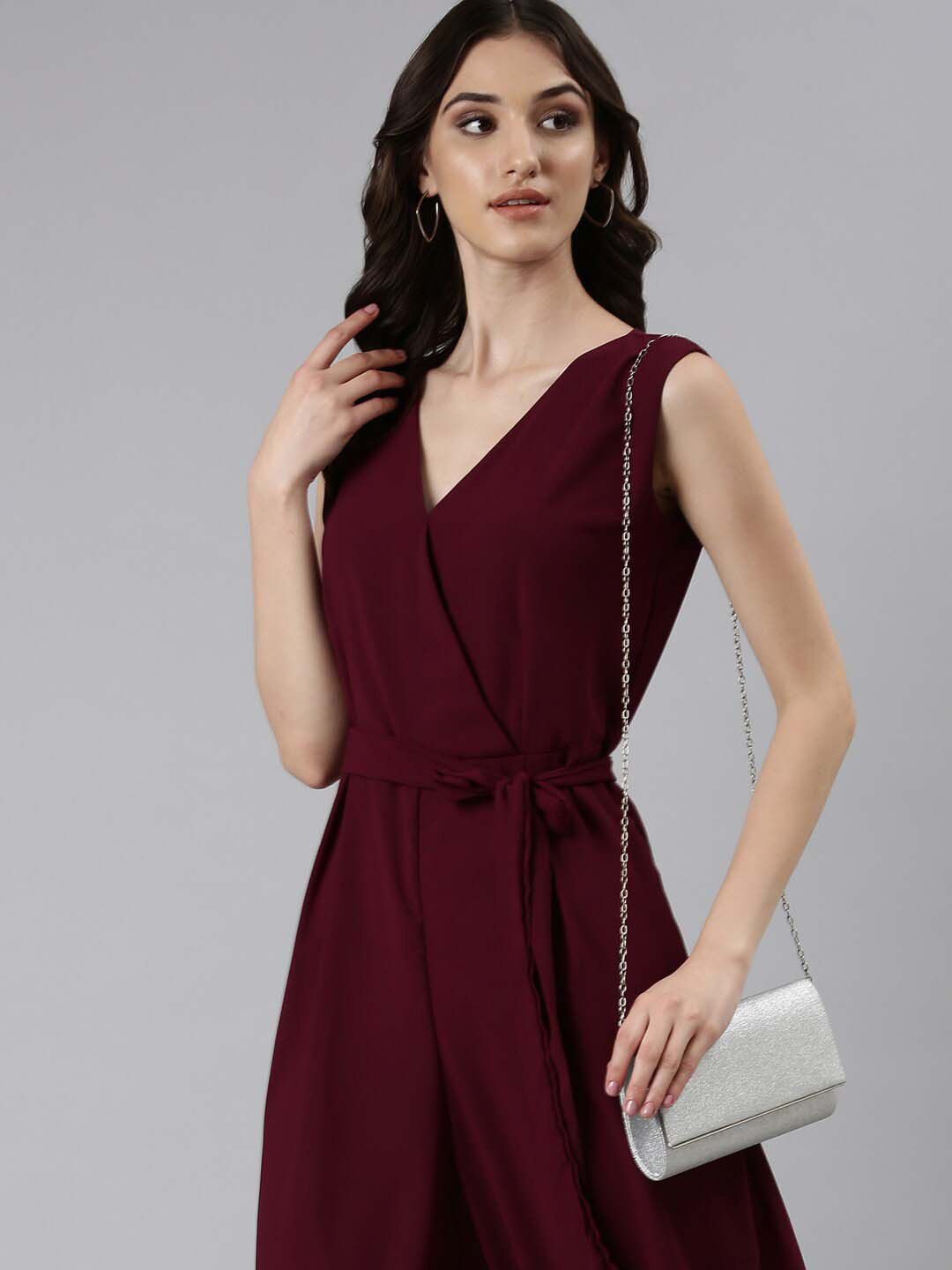 

SHOWOFF V-Neck Culotte Jumpsuit With Waist Tie-Up, Purple