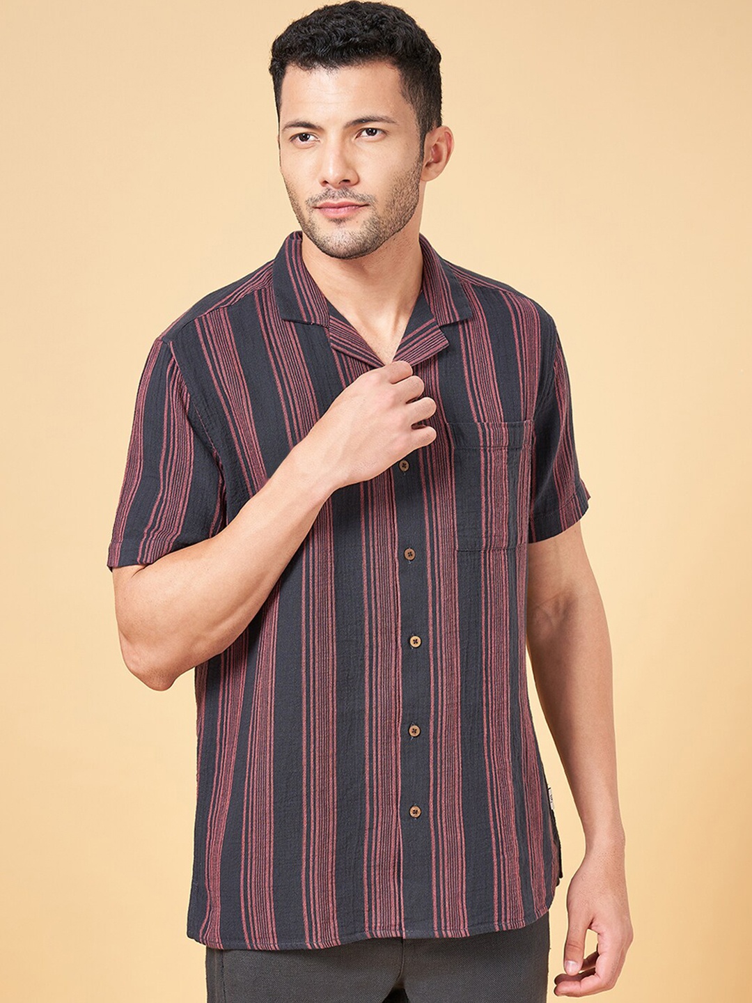 

7 Alt by Pantaloons Cuban Collar Striped Casual Cotton Shirt, Charcoal