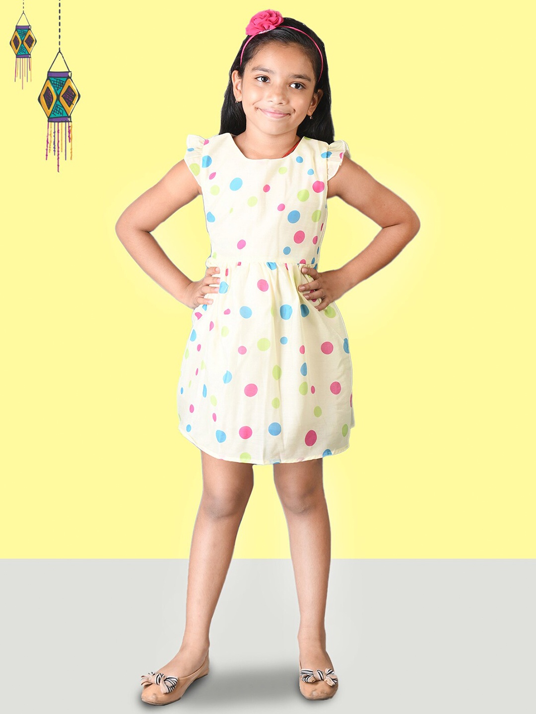

Kids On Board Girls Polka Dots Print Cotton Fit & Flare Dress, Yellow