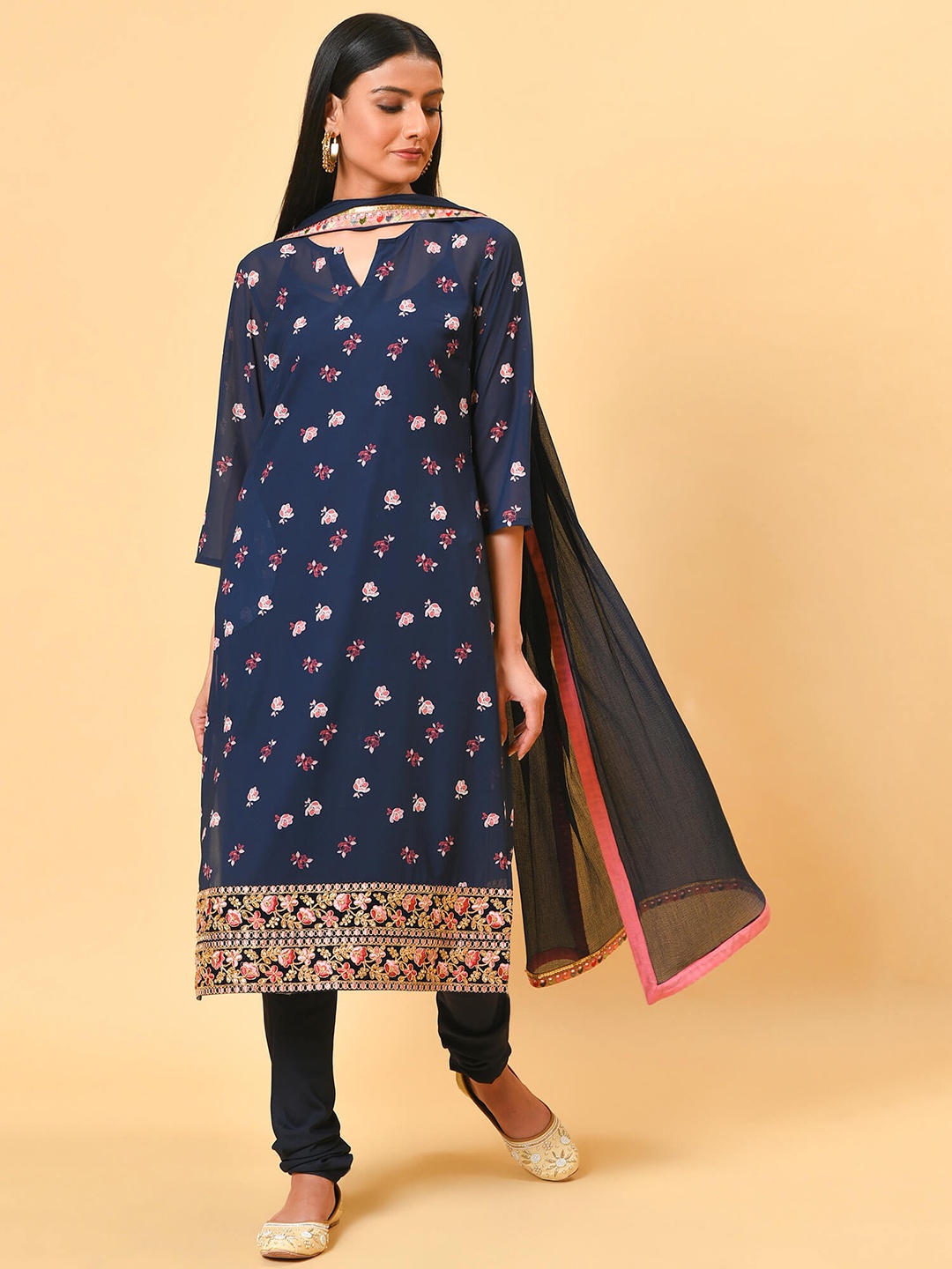 

NUHH Floral Printed Kurta With Churidar & Dupatta, Navy blue