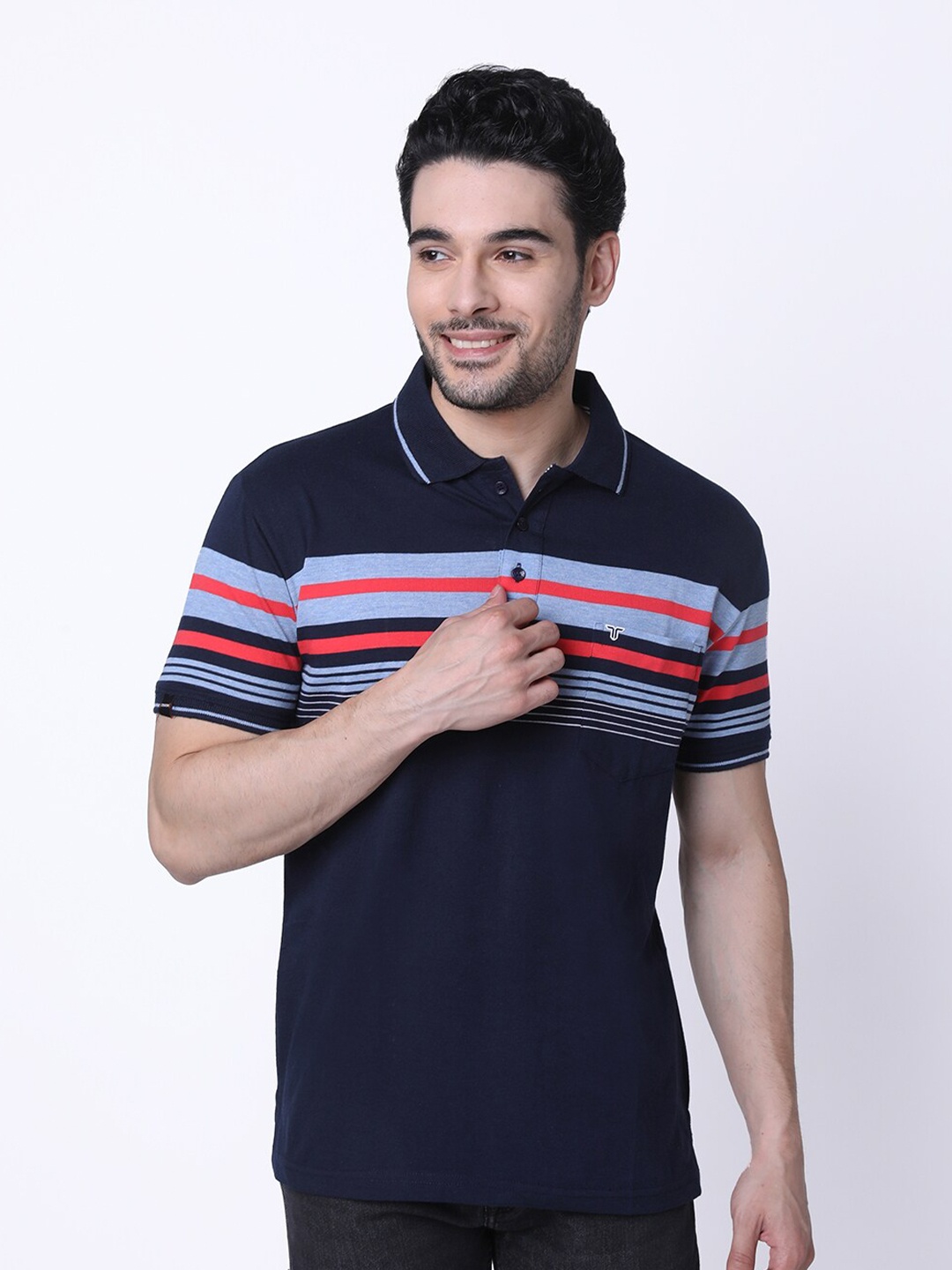 

TESSIO Striped Polo Collar Cotton T-shirt, Navy blue