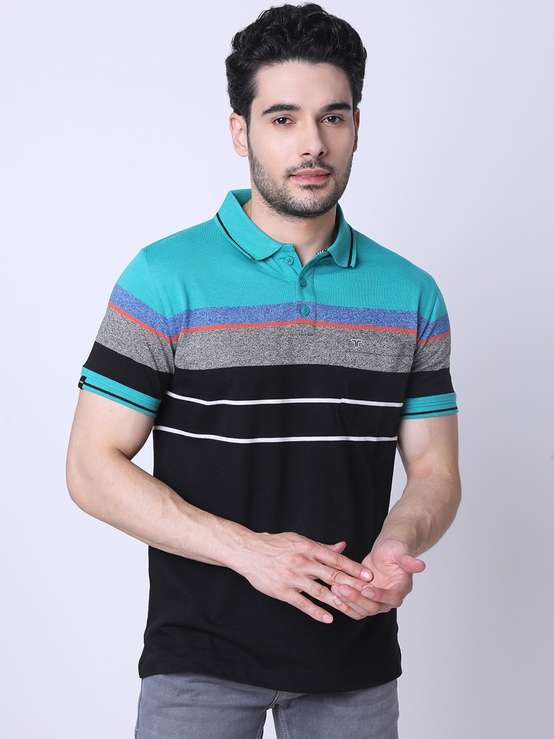 

TESSIO Striped Polo Collar Cotton T-shirt, Black