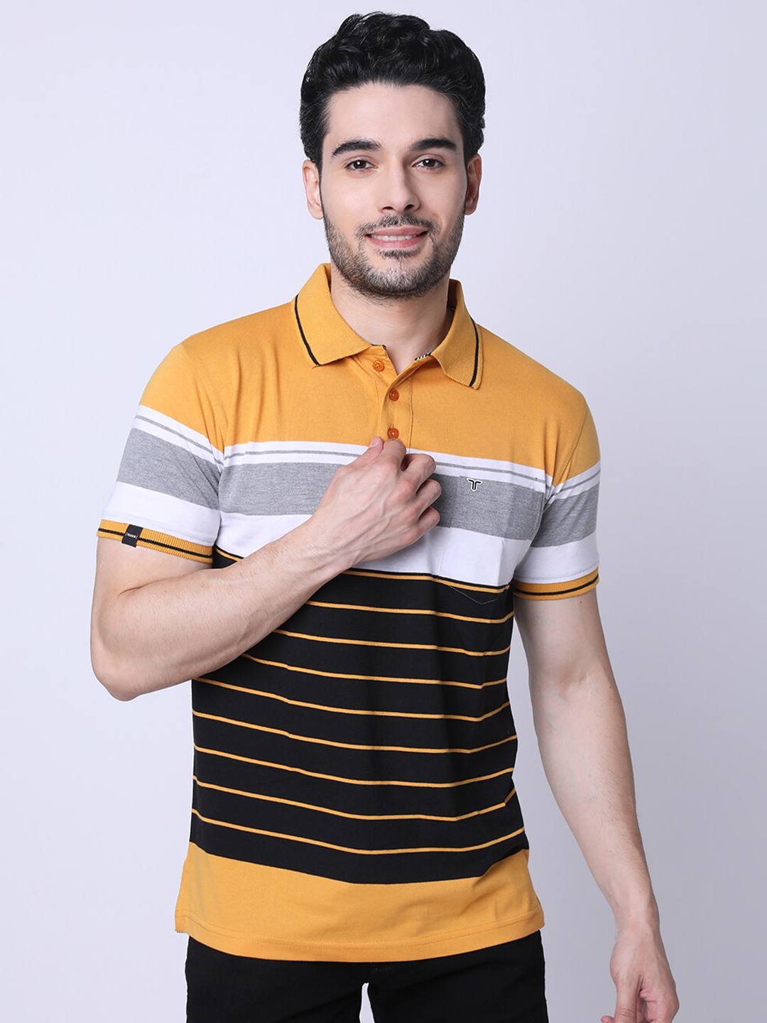 

TESSIO Striped Polo Collar Cotton T-Shirt, Mustard