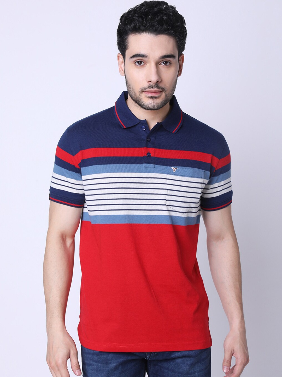 

TESSIO Striped Polo Collar Cotton T-Shirt, Red
