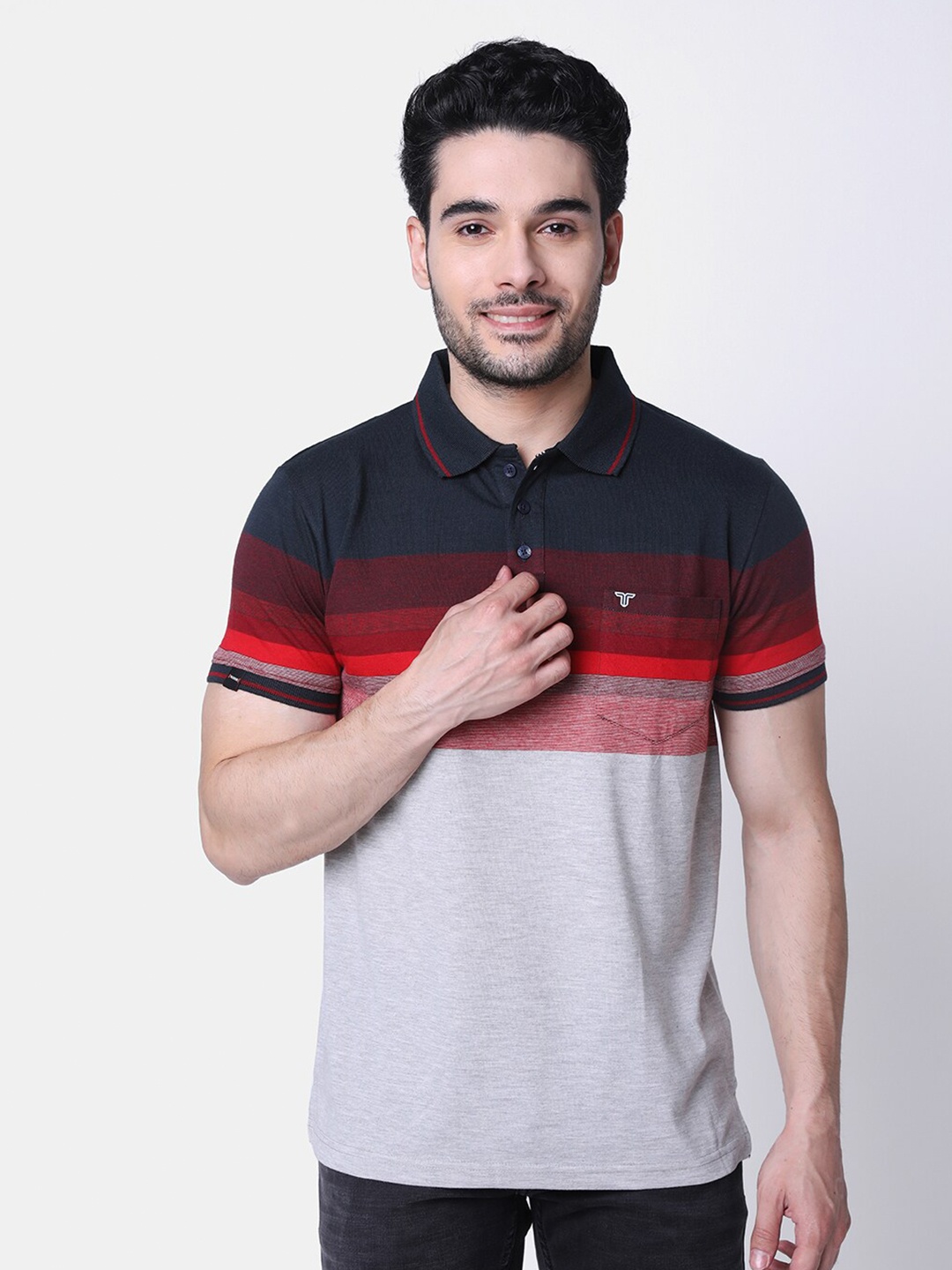 

TESSIO Colourblocked Polo Collar Pockets Cotton T-shirt, Grey melange