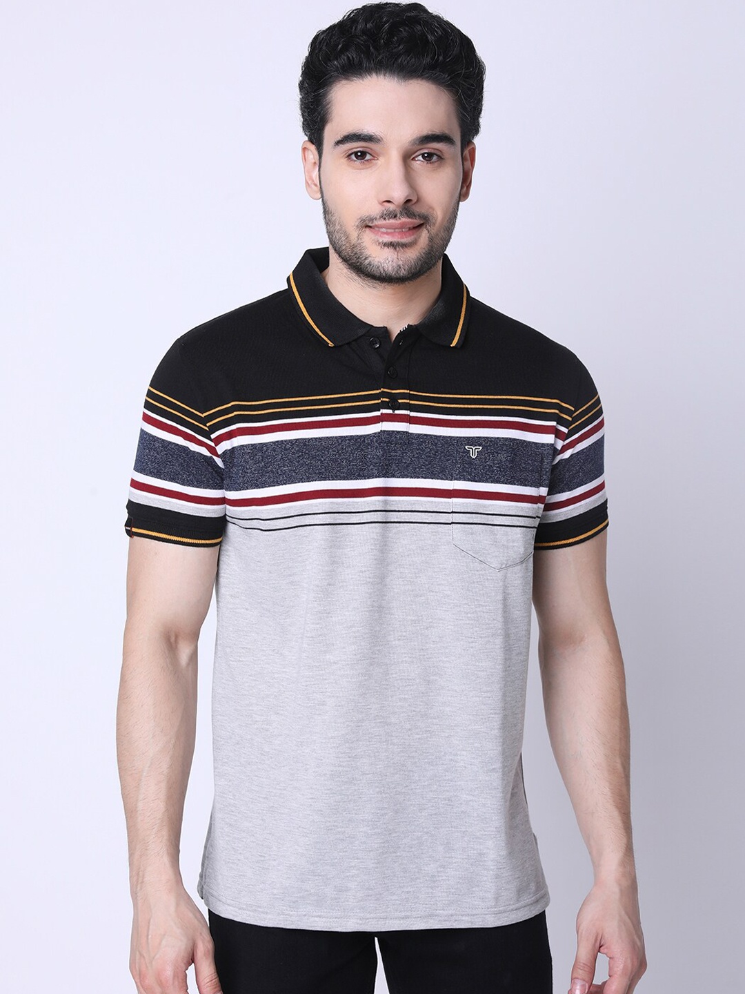 

TESSIO Colourblocked Polo Collar Pockets Cotton T-shirt, Grey melange
