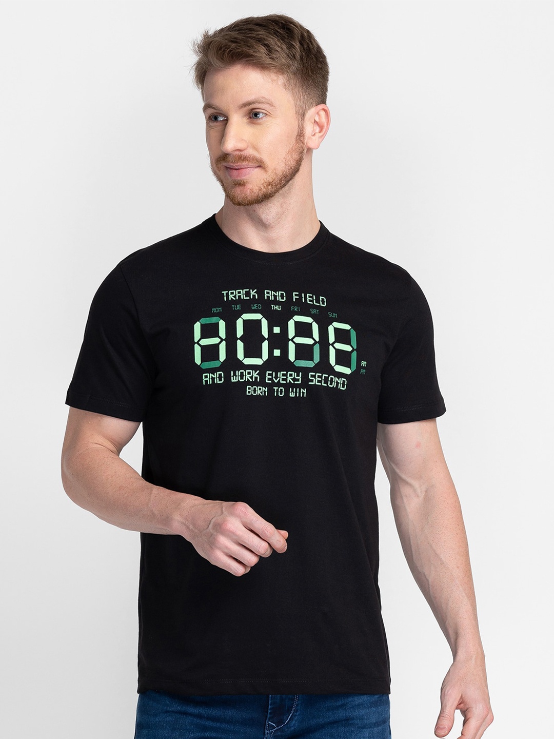 

TESSIO Typography Printed Round Neck T-shirt, Black