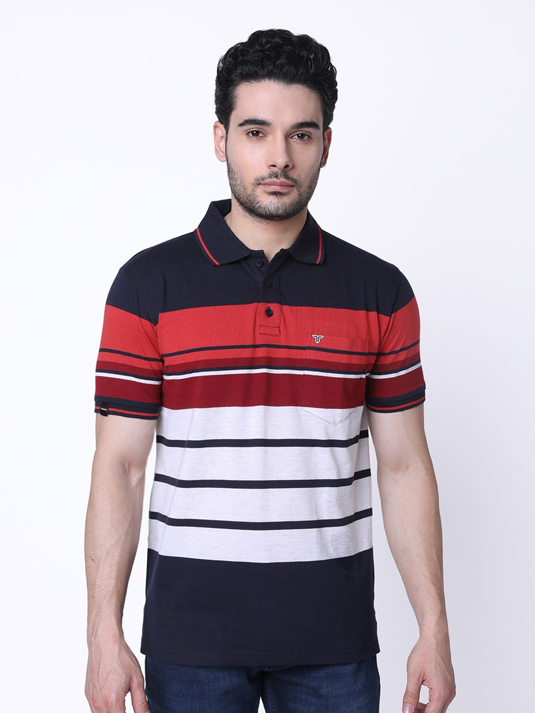 

TESSIO Striped Polo Collar Cotton T-Shirt, Pink