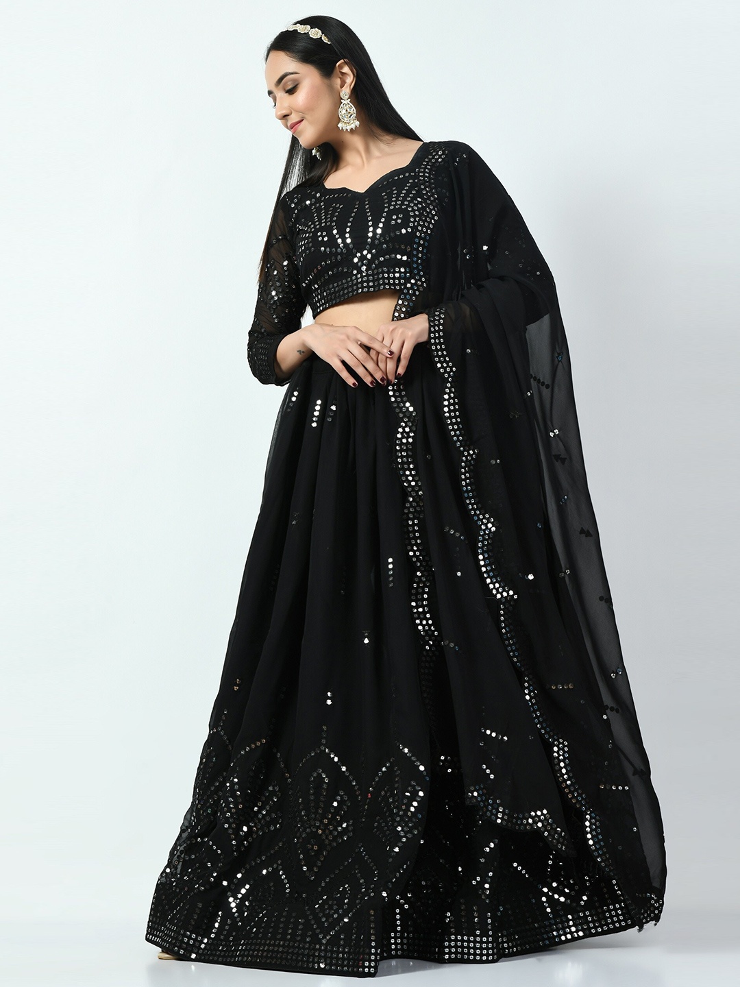 

Angroop Embellished Sequinned Semi-Stitched Lehenga & Unstitched Blouse With Dupatta, Black