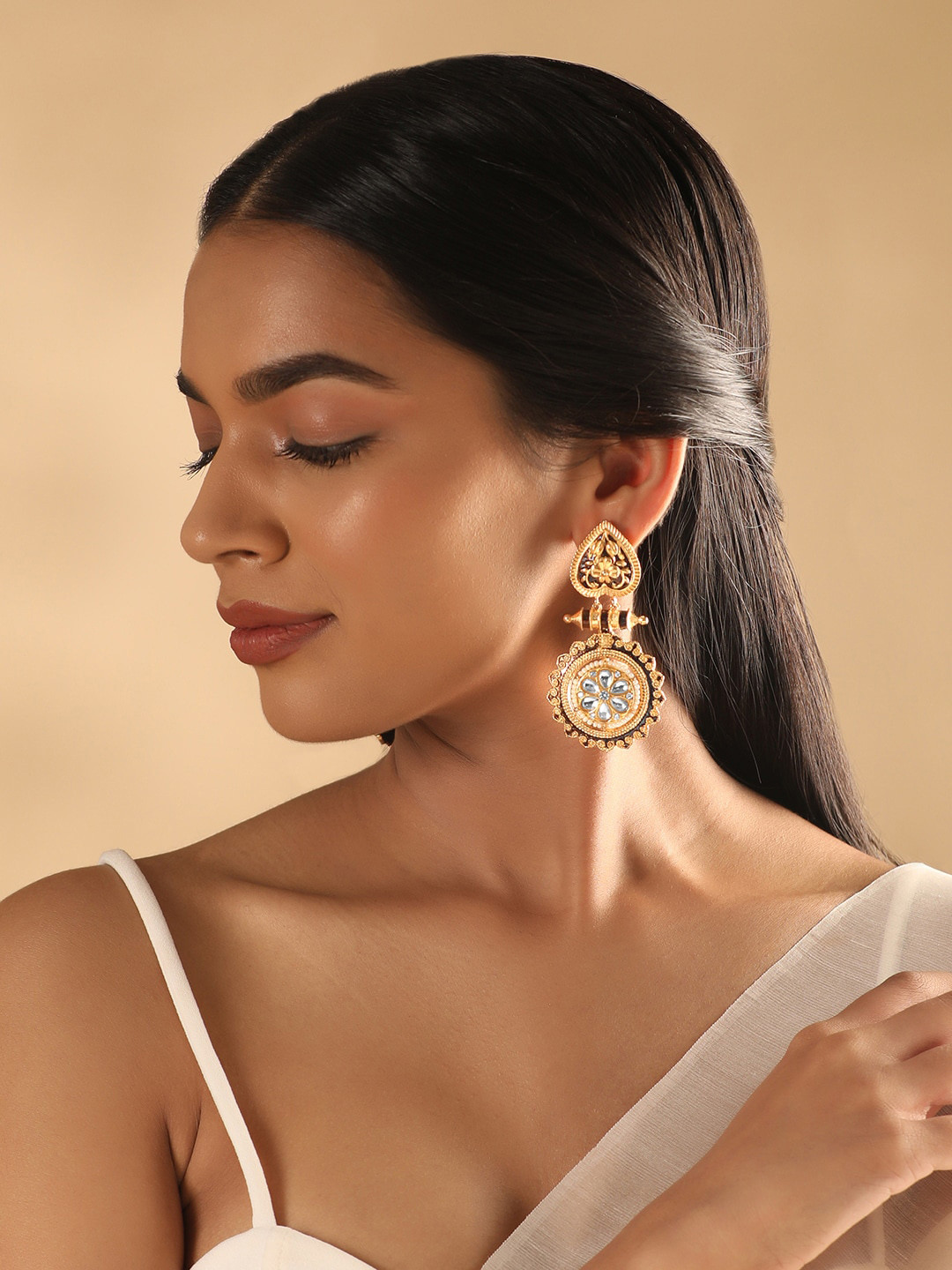 

Rubans 22K Gold Plated Polki Zirconia & Black Enemal Statement Drop Earrings